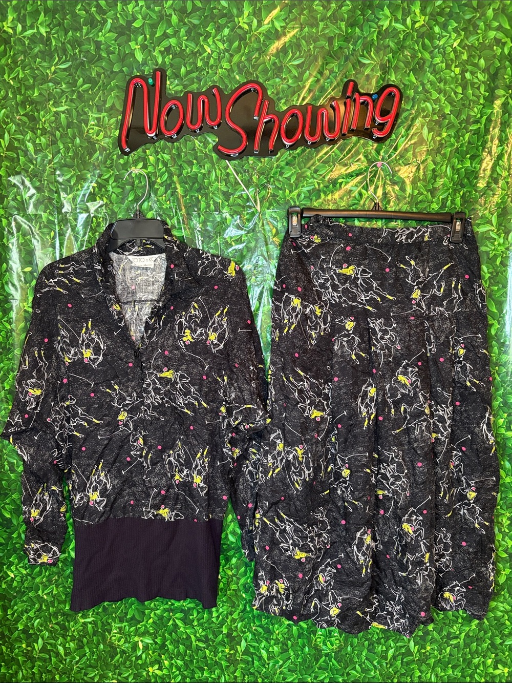 Black Patterned Midi skirt and matching Top with Subtle Neon Polo Players